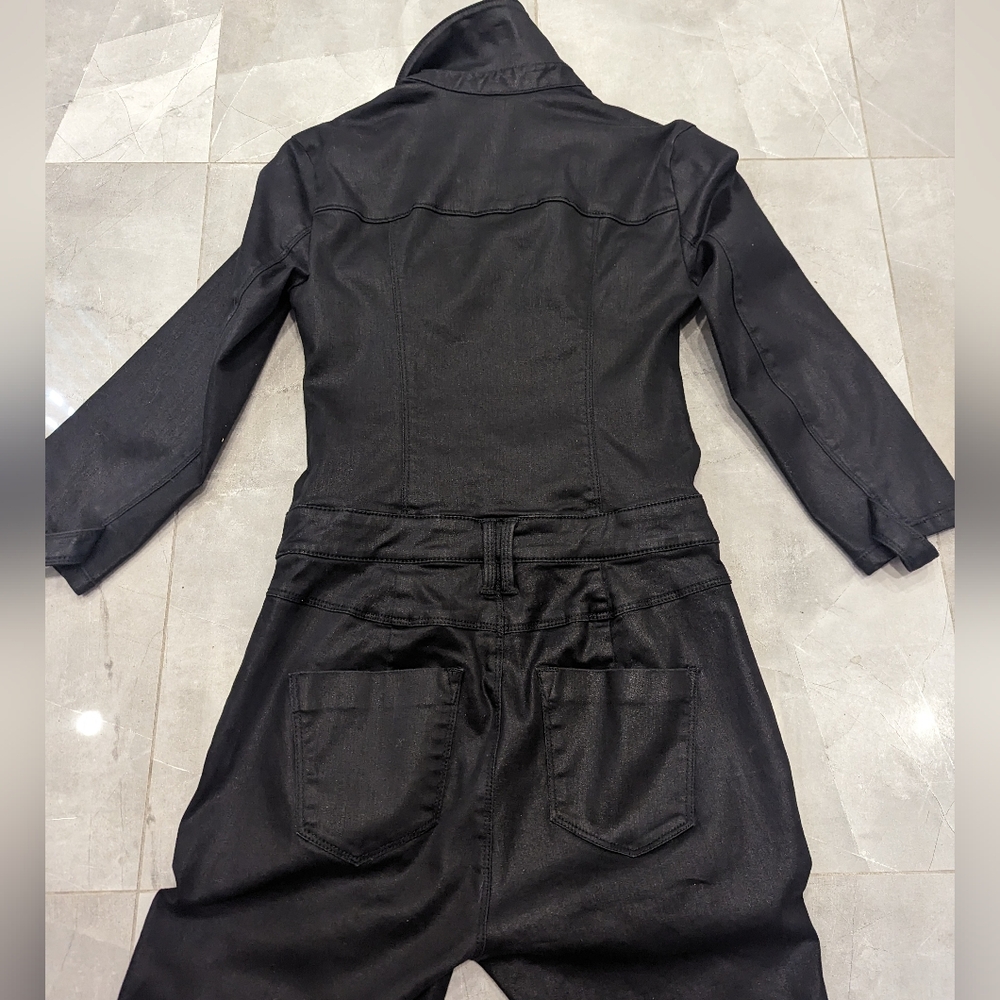 Bebe - Amazing Black Stretchy Denim Moto Jumpsuit Catsuit - Picture 5 of 8